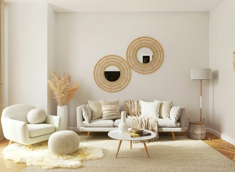 modern living room with blue sofa and wooden coffee table