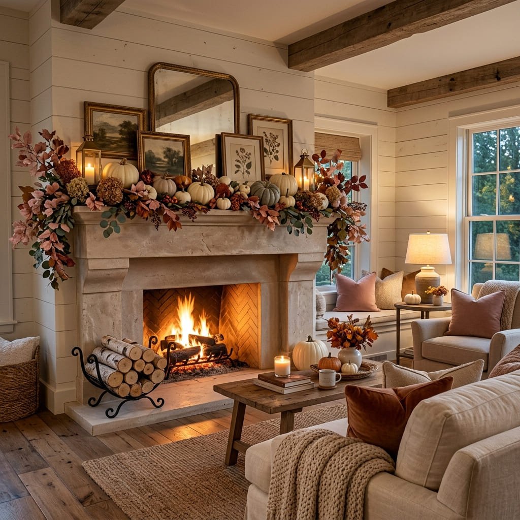 Pink-fall-fireplace-mantel-decor