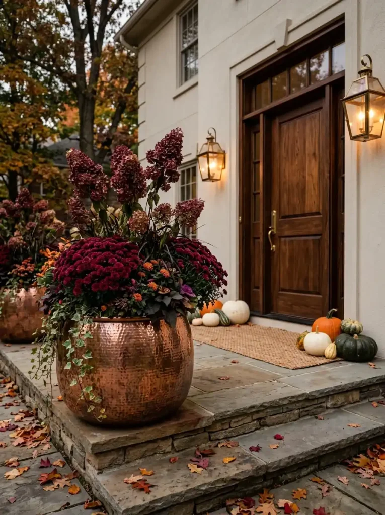 copper-planter-with-burgundy-mums