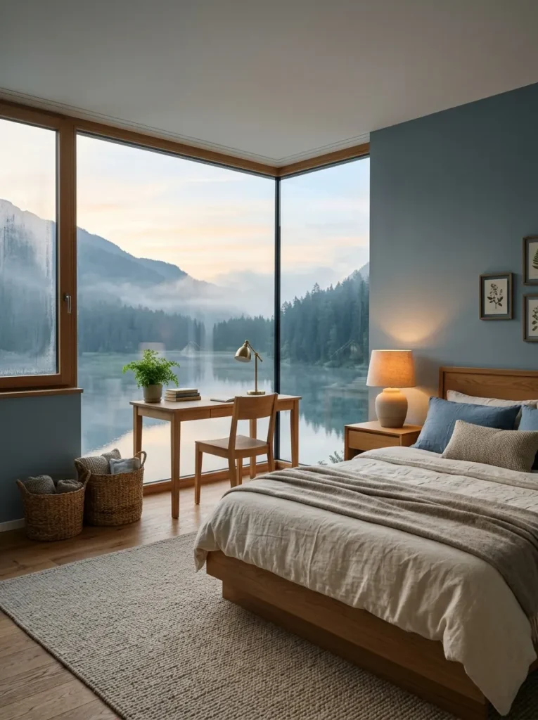 dusty-blue-warm-wood-bedroom