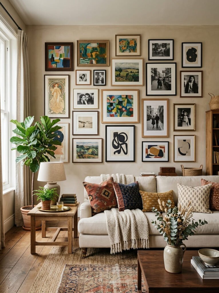 eclectic-gallery-wall-with-mixed-frames