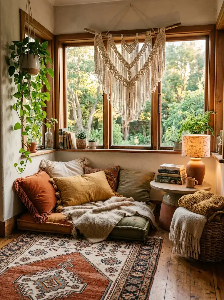 low-boho-reading-nook-with-floor-cushions