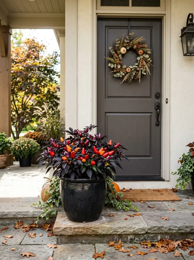 ornamental-pepper-planter-with-dark-foliage