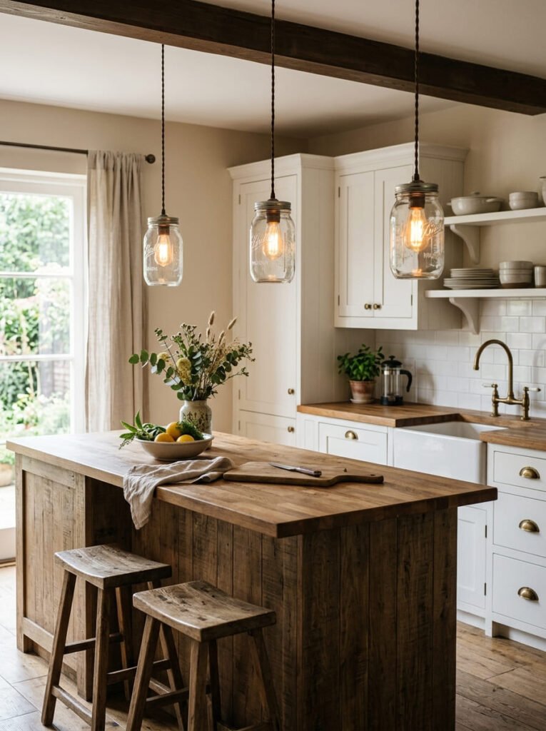 rustic-mason-jar-pendant-lights-over-a-kitchen-island