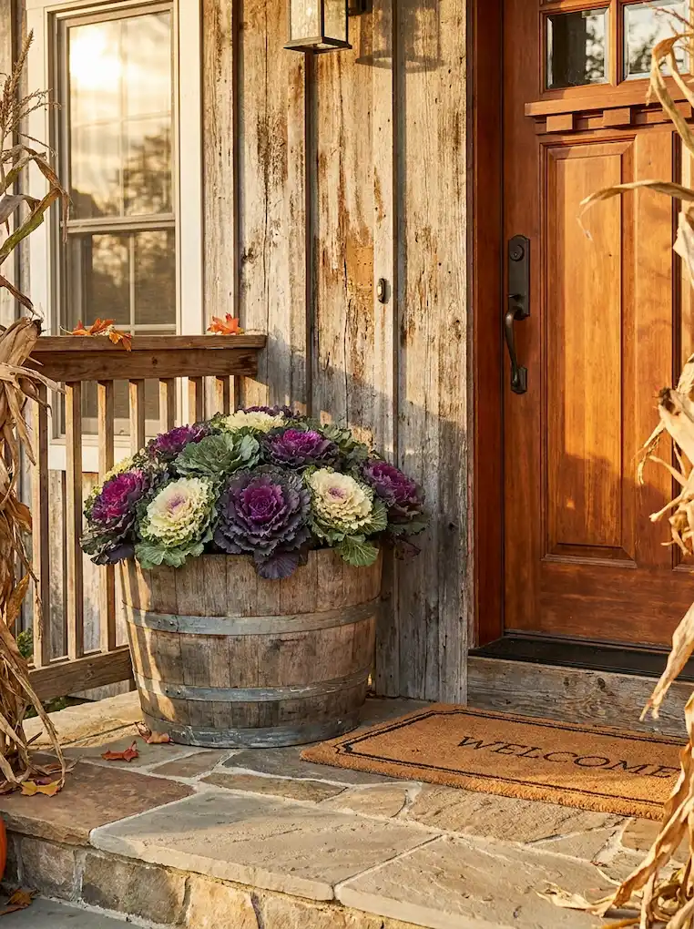 rustic-whiskey-barrel-with-ornamental-kale
