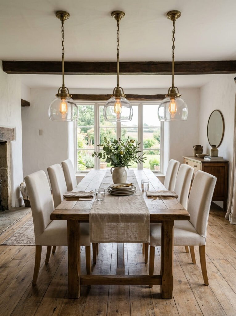 three-pendant-lights-over-a-farmhouse-dining-table